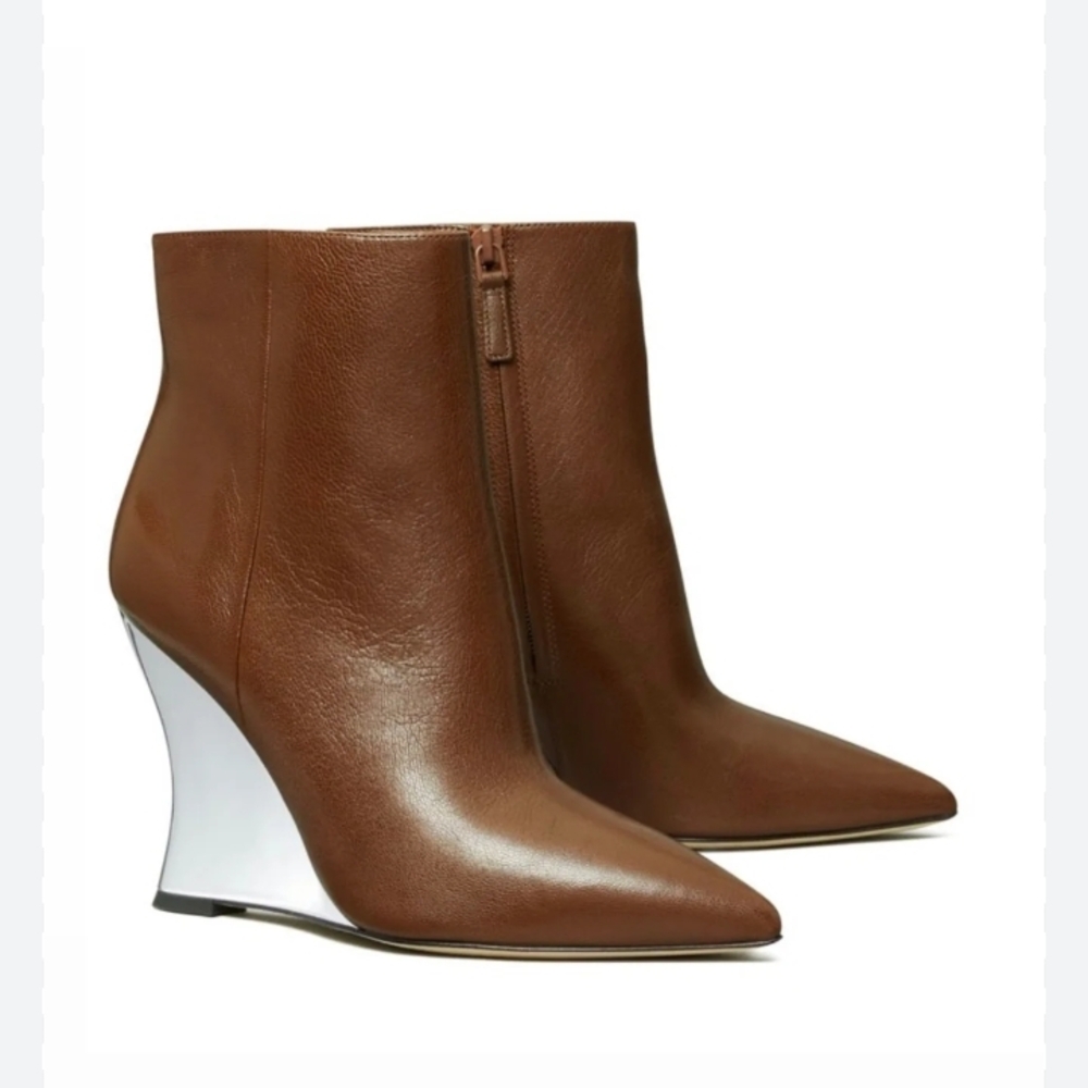 Tory Burch Brown Leather Wedge Boots with Silver Heel